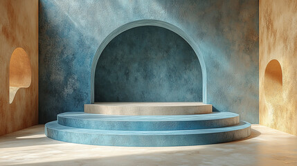 Elegant Blue and Beige Architectural Design with Circular Steps and Arched Niche
