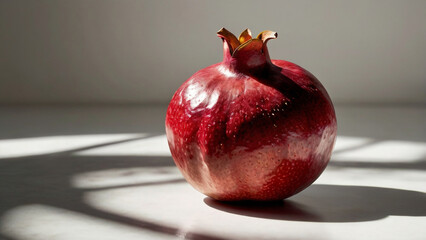 A glossy pomegranate, bathed in sunlight, casts long shadows on a white surface, isolated on white background