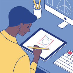 Designer working on a tablet, creating digital illustrations