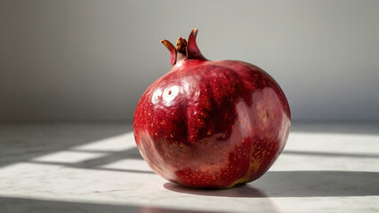 A ripe pomegranate bathed in sunlight, resting on a cool marble surface
