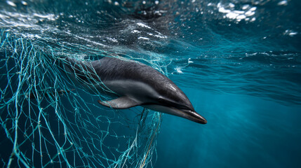 Dolphin caught in sea nets. Plastic pollution of the ocean is an environmental problem. A global problem, a threat to ocean wildlife and calling for urgent action to protect the environment.