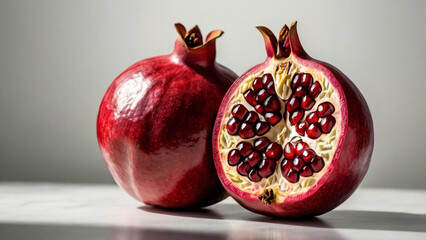 A glossy whole pomegranate and a halved pomegranate revealing ruby red seeds, isolated on white background