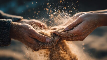 Close up of two hands holding and sifting sand with particles falling in a blurred background