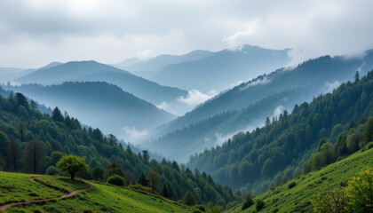 Obraz premium Misty mountain backdrop with lush green forest and rolling hills under cloudy sky