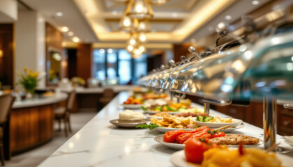 Buffet food with warm lighting and variety of dishes served on long counter in restaurant