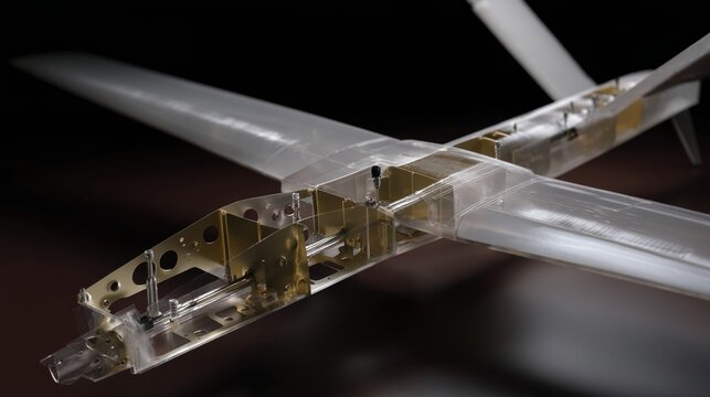 A crosssectional view of a composite drone airframe revealing internal structures and reinforcing materials used for enhanced durability without the need for molds.