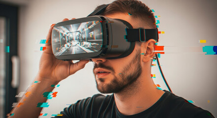 Young Man Wearing Virtual Reality Headset Experiencing Digital Interface With Colorful Glitch Effect