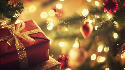 Festive Christmas tree with wrapped gifts under warm lights, evoking holiday joy and cozy traditions