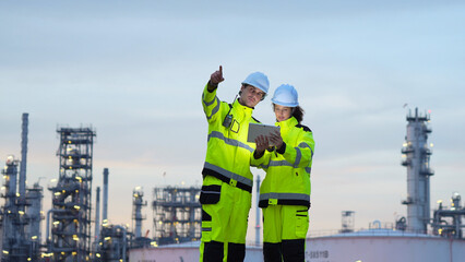 Safety Engineers Surveying Refinery Operations, Engineers Reviewing Plans at Industrial Site at Dusk, Team of Industrial Workers with Tablet at Night