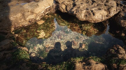 Rocky tide pool with clear water reflecting shadows of two people standing near the pool edge