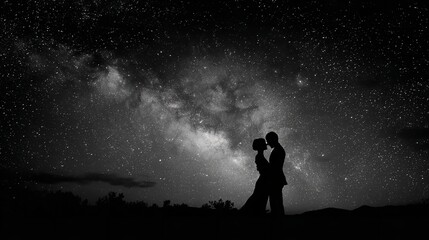 Silhouette of couple embracing under the night sky filled with stars and milky way galaxy view
