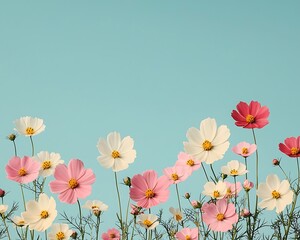 Down bright comforting concept, Colorful Cosmos Flowers Against a Soft Blue Sky Background
