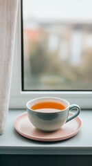 Down bright comforting concept, Cozy Tea Cup on a Saucer by Window with Soft Natural Light