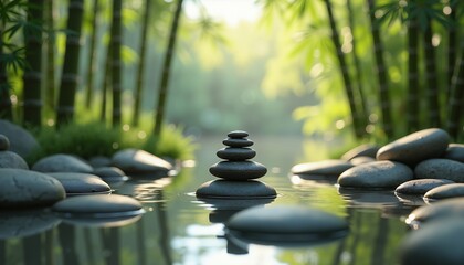 Balanced stones in tranquil bamboo forest, nature background, meditation concept