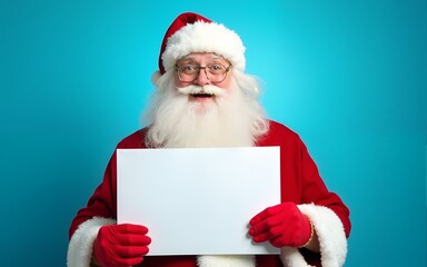 Naklejka premium Portrait of his he nice attractive funky amazed astonished wondered white-haired Santa holding copy empty blank place space novelty isolated over bright vivid shine vibrant blue color background
