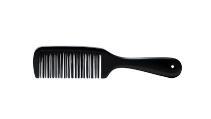 A single black plastic comb with handle isolated on a white background in a horizontal position