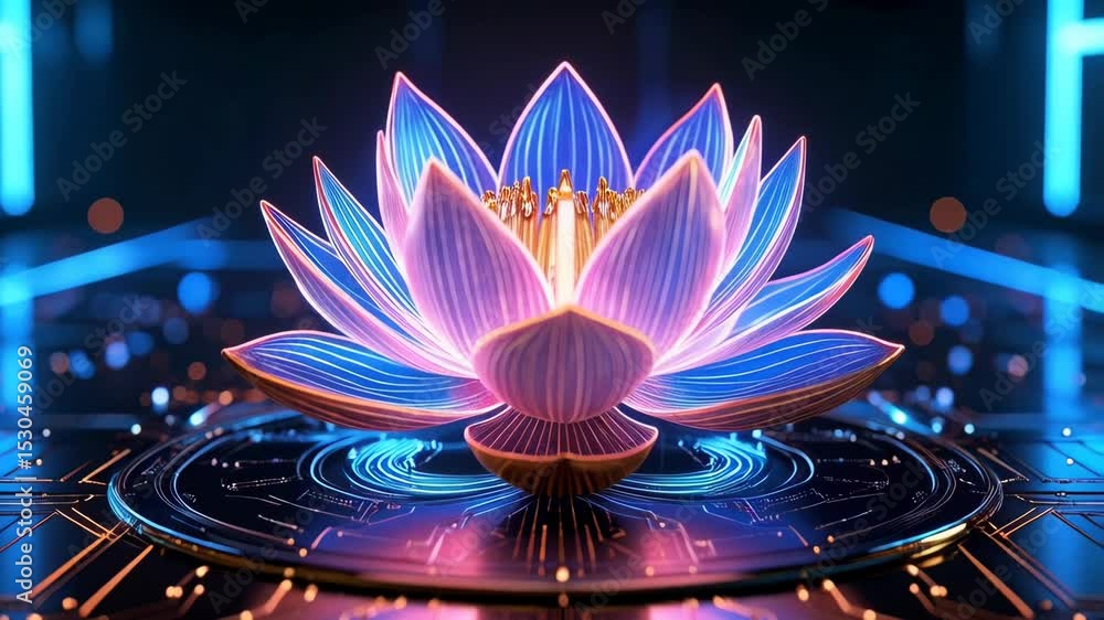 Aufkleber glowing lotus flower emanating serene light on a platform with digital circuitry patterns in blue an