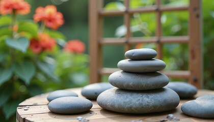 Zen stone stack balancing in tranquil garden, mindfulness and meditation concept
