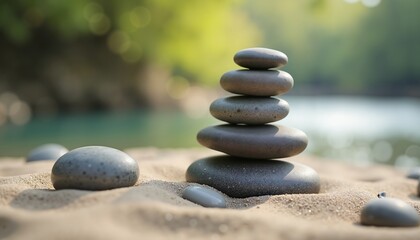 Balanced stone stack on sandy beach, symbol of tranquility and relaxation