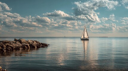 A sailboat on calm water under a cloudy sky near a rocky shoreline on a sunny day at the coast