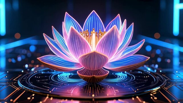Glowing lotus flower emanating serene light on a platform with digital circuitry patterns in blue and pink hues, spiritual connection.