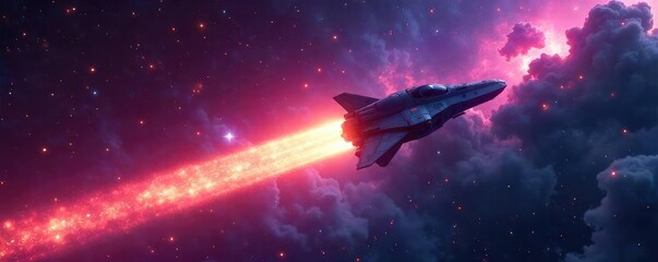 Naklejka premium A lone spaceship soars through a vibrant nebula, leaving a shimmering trail behind it, representing boundless exploration and the discovery of uncharted territories , solar system, milky way