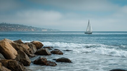 A sailboat on the ocean with rocks in the foreground and a hazy coastline in the distance