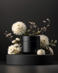 A black jar on a dark platform surrounded by white flowers against a dark background.