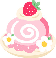 Strawberry roll cake with cream filling and pink swirl design