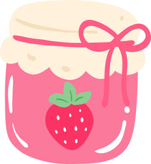 Pink jam jar with strawberry fruit label and ribbon bow
