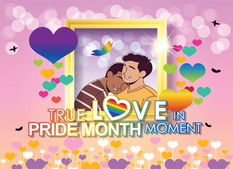 Celebrate True Love in Pride Month Moment with this vibrant vector template background, featuring a colorful LGBT rainbow design and joyful figures. Perfect for Pride Month campaigns for vector.