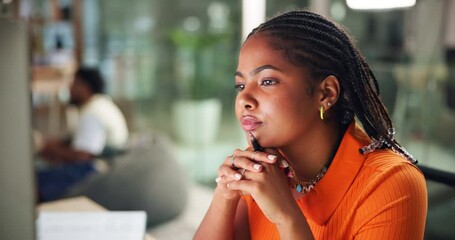 Business, thinking and woman in office, computer and ideas for creative project, email and internet. Person, employee and design agency with PC, planning and online reading with decision and solution