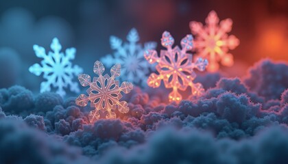 Glowing snowflakes in vibrant colors, perfect for winter holiday decorations
