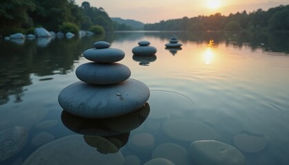 Stacked stones in tranquil lake at sunset, calming nature scene for relaxation themes