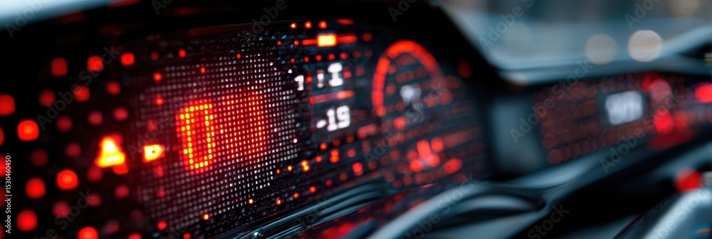 Poster pixelated red alert sign displayed on a futuristic holographic dashboard indicating critical status