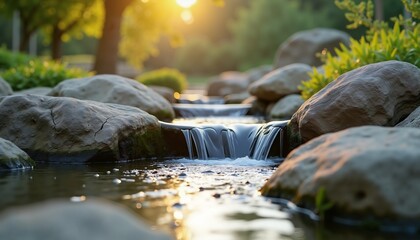 Tranquil garden waterfall at sunset with lush greenery, peaceful nature retreat