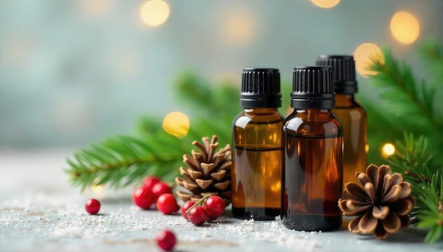 Aromatic Christmas oils in glass bottles, nestled amongst festive greenery and pine cones, ready for gifting or use in a diffuser  Perfect for holiday decorations and aromatherapy  , fir, berries