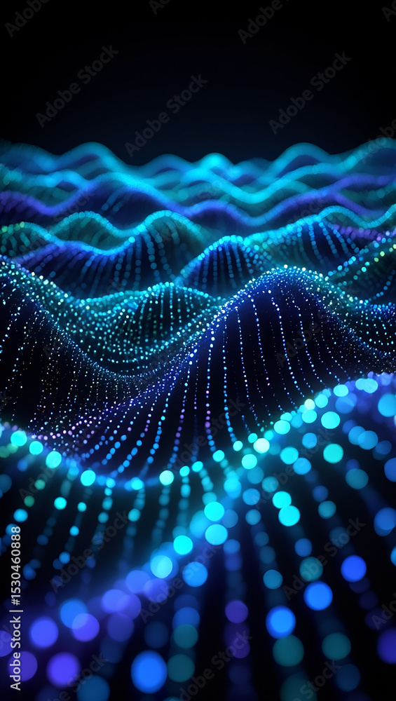 Poster abstract digital wave pattern of glowing blue and teal dots with blurred bokeh effect.