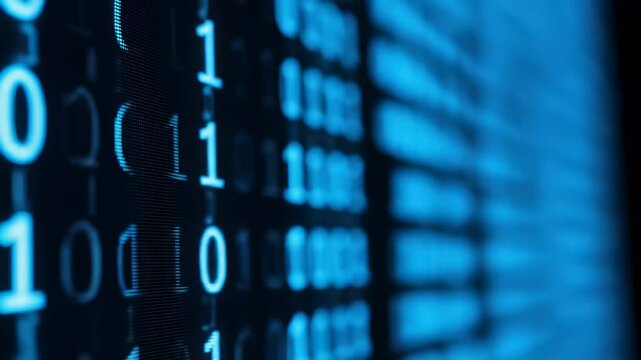 Blue Binary Code Streaming on Dark Screen