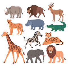 Flat vector illustration set of wild animals including rhinoceros, bison, antelope, cheetah, hippopotamus, crocodile, giraffe, zebra, tiger, elephant, and lion. Clean, colorful, perfect for