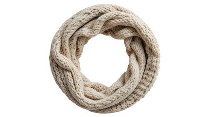 Obraz premium A circular knitted scarf in a light beige color is displayed against a white background in the image