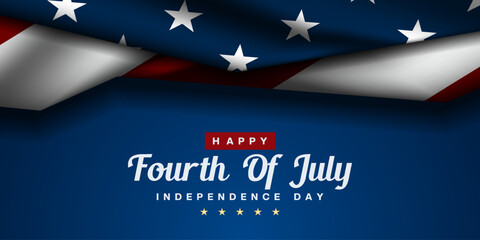 Fourth of July Independence Day. American flag on top. Great for posters, banners and social media. Blue background.