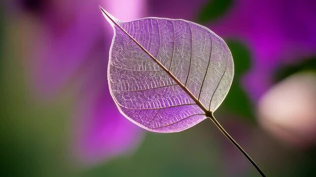 Delicate skeleton leaf featuring translucent rainbow hues with a dreamy purple and blue blurred background