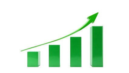 Green bar graph with upward trending arrow on a white background indicating growth and success