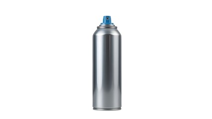Isolated silver spray can with a blue nozzle on a white background in a studio shot for product display