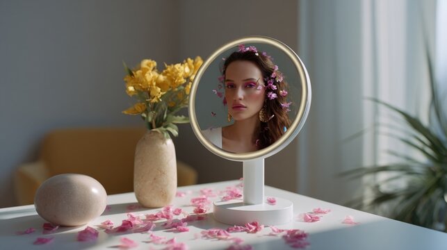 A bright stylish vanity area where a smart mirror combines augmented reality with beauty tutorials. Ethereal particles swirl and gently land on the users face enhancing her features