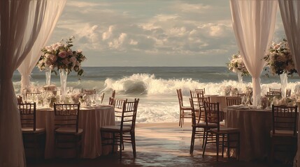 Beach wedding reception with tables chairs flowers and ocean waves in the background view from inside