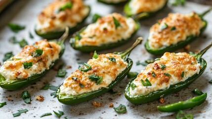 Baked jalape?o peppers stuffed with a creamy, cheesy filling, topped with a browned crust and fresh herbs, arranged on a baking sheet