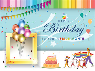 Celebrate Happy Birthday in Pride Month Moment with this vibrant vector template background, featuring a colorful LGBT rainbow design and joyful figures. Party for Pride Month campaigns.