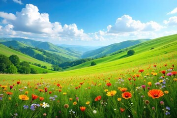 Fototapeta premium A stunning, untouched natural landscape; vibrant wildflowers bloom in a lush meadow, rolling hills extend to a clear blue sky Perfect for travel, nature, and environmental projects , earth, scenic